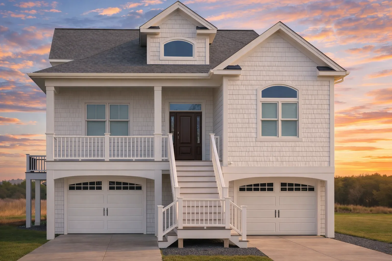 Front view of an elevated coastal beach house with gray lap siding, white trim, and dual garage doors beneath a raised porch entry