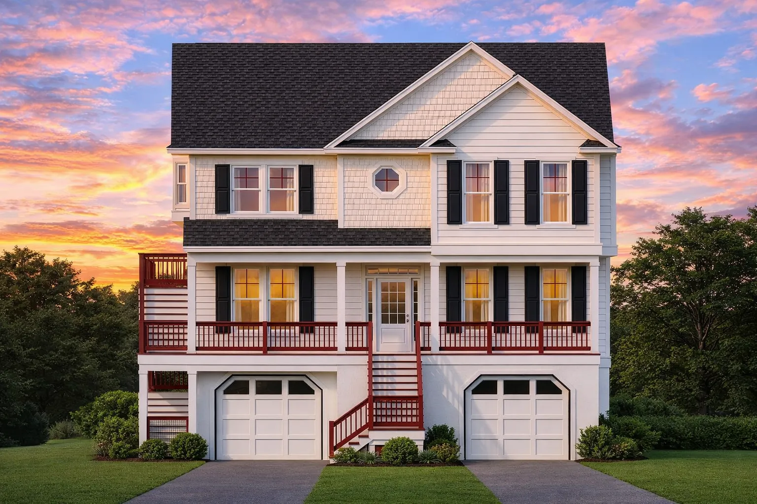 Front elevation of a New American Traditional Colonial style home with horizontal siding, shutters, and dual garage