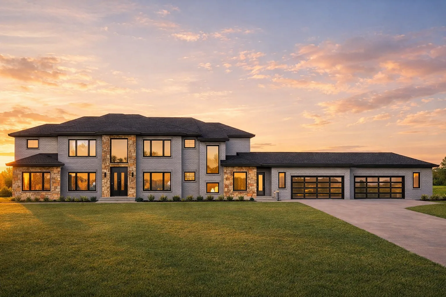Front elevation of a luxury Modern Farmhouse home featuring board and batten siding, stone accents, expansive windows, and an attached multi-car garage