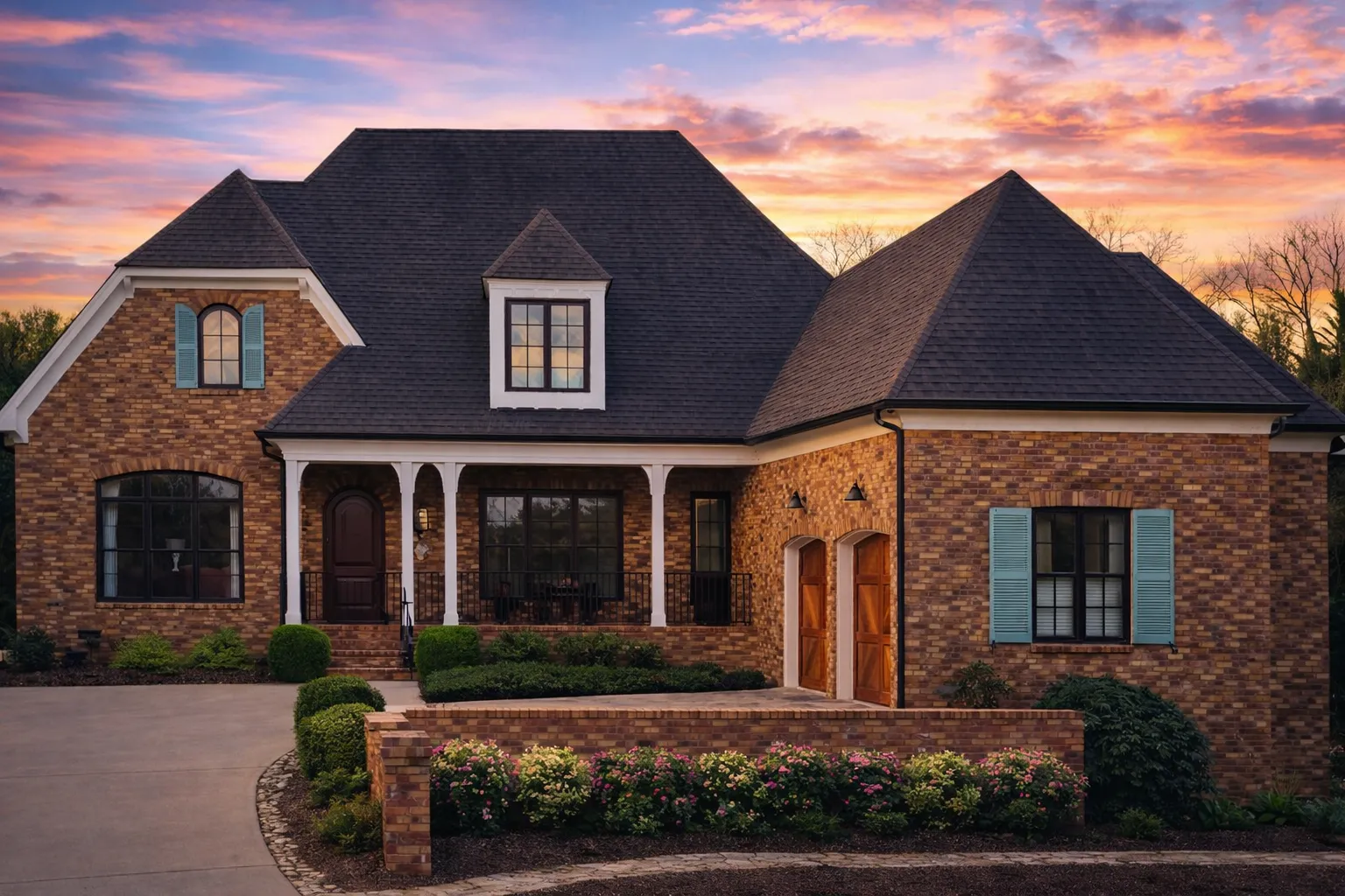 Front elevation of a French Country style home with stucco exterior, steep hipped roof, symmetrical windows, and warm European architectural details