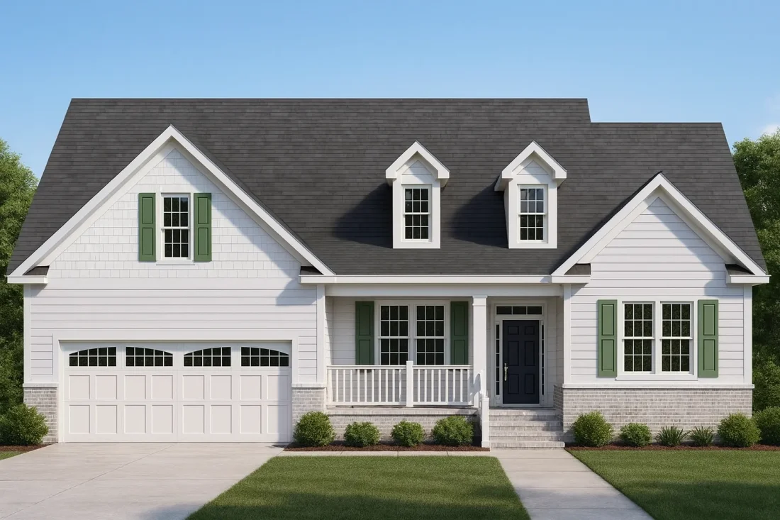 Front elevation of a Traditional Ranch Craftsman style home featuring a mix of horizontal siding and stone accents, gable dormers, and a covered porch