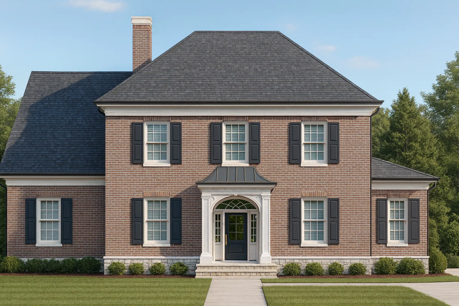 Front view of a Georgian Colonial style home with full brick exterior, symmetrical façade, and classic shuttered windows