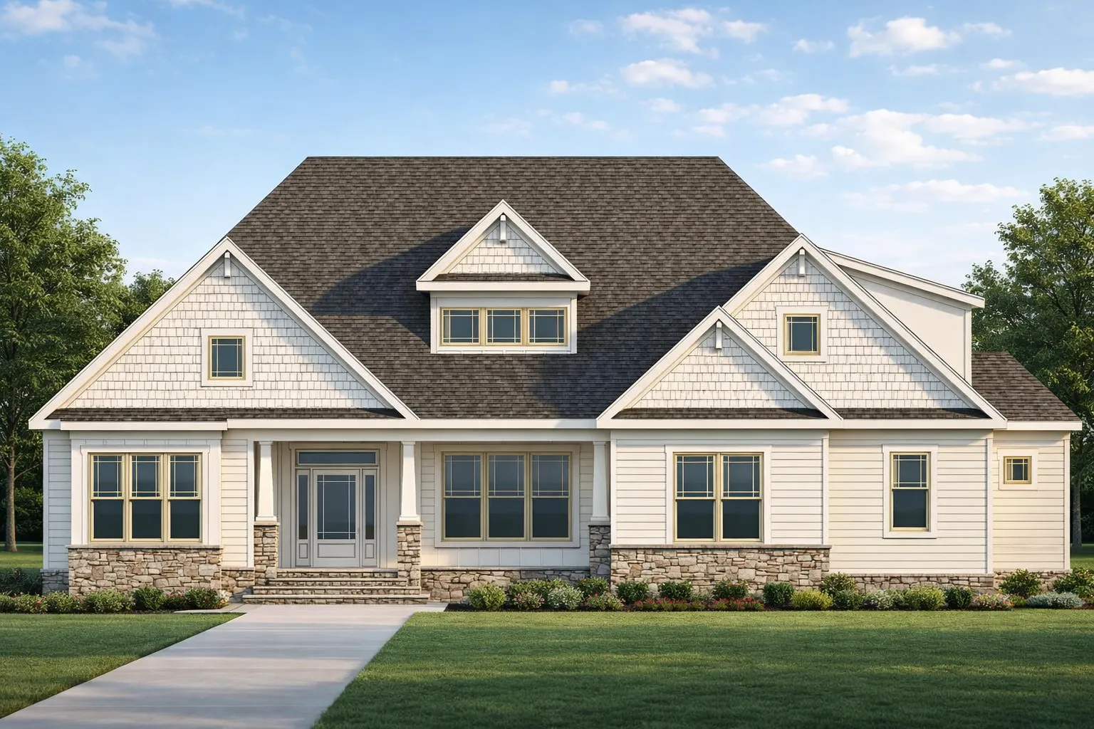 7 Bedroom House Plans 13 Front elevation of a New American Traditional style home featuring brick accents, horizontal siding, symmetrical windows, and classic suburban curb appeal