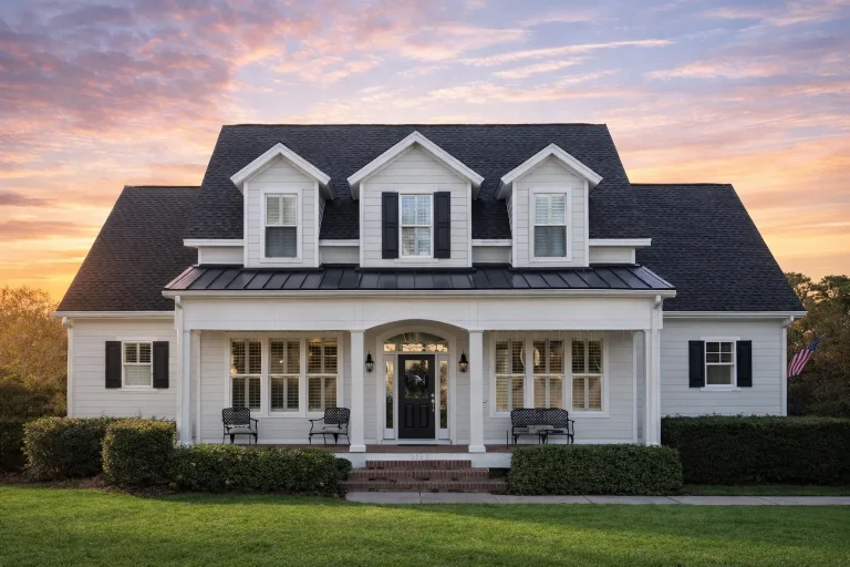 Front elevation of a Southern Colonial style home with white lap siding, black shutters, dormer windows, and a full-width covered porch