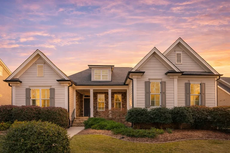 Front elevation of Traditional Suburban Cape Cod style house with horizontal lap siding, gabled rooflines, dormers, and covered front porch