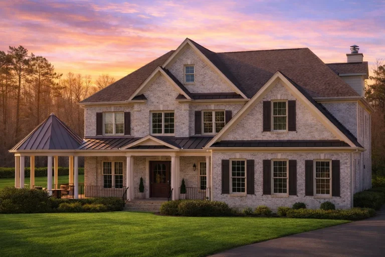 Front elevation of a Traditional Colonial home with horizontal lap siding, shingle-accented gables, symmetrical windows, and a wide covered front porch