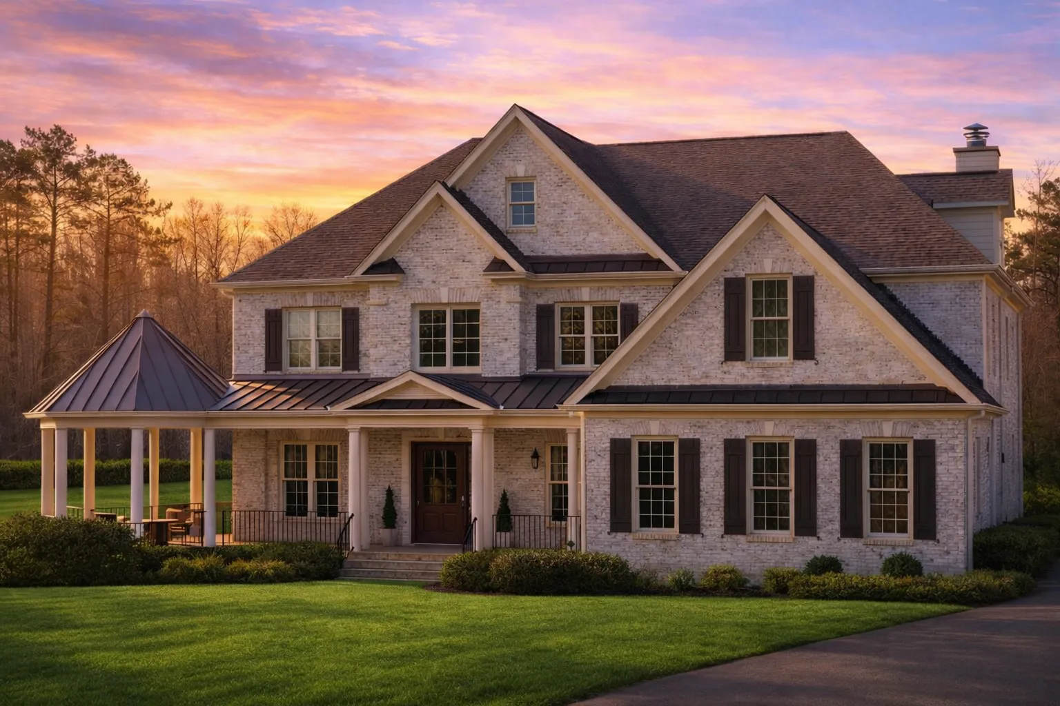 Front elevation of a Traditional Colonial home with horizontal lap siding, shingle-accented gables, symmetrical windows, and a wide covered front porch