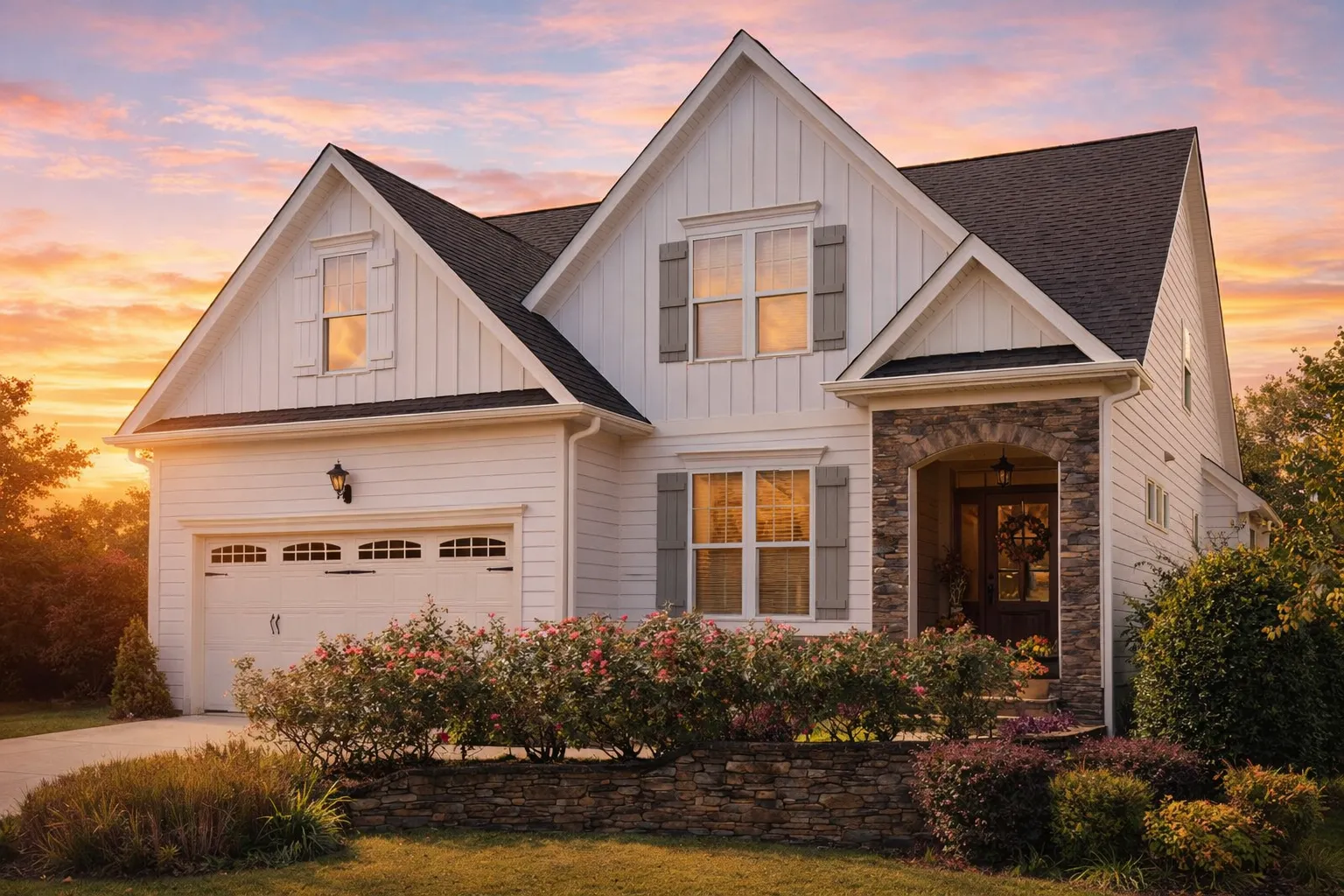 Front elevation of a New American style two-story house with board and batten siding, brick accents, black garage doors, and a welcoming covered entry
