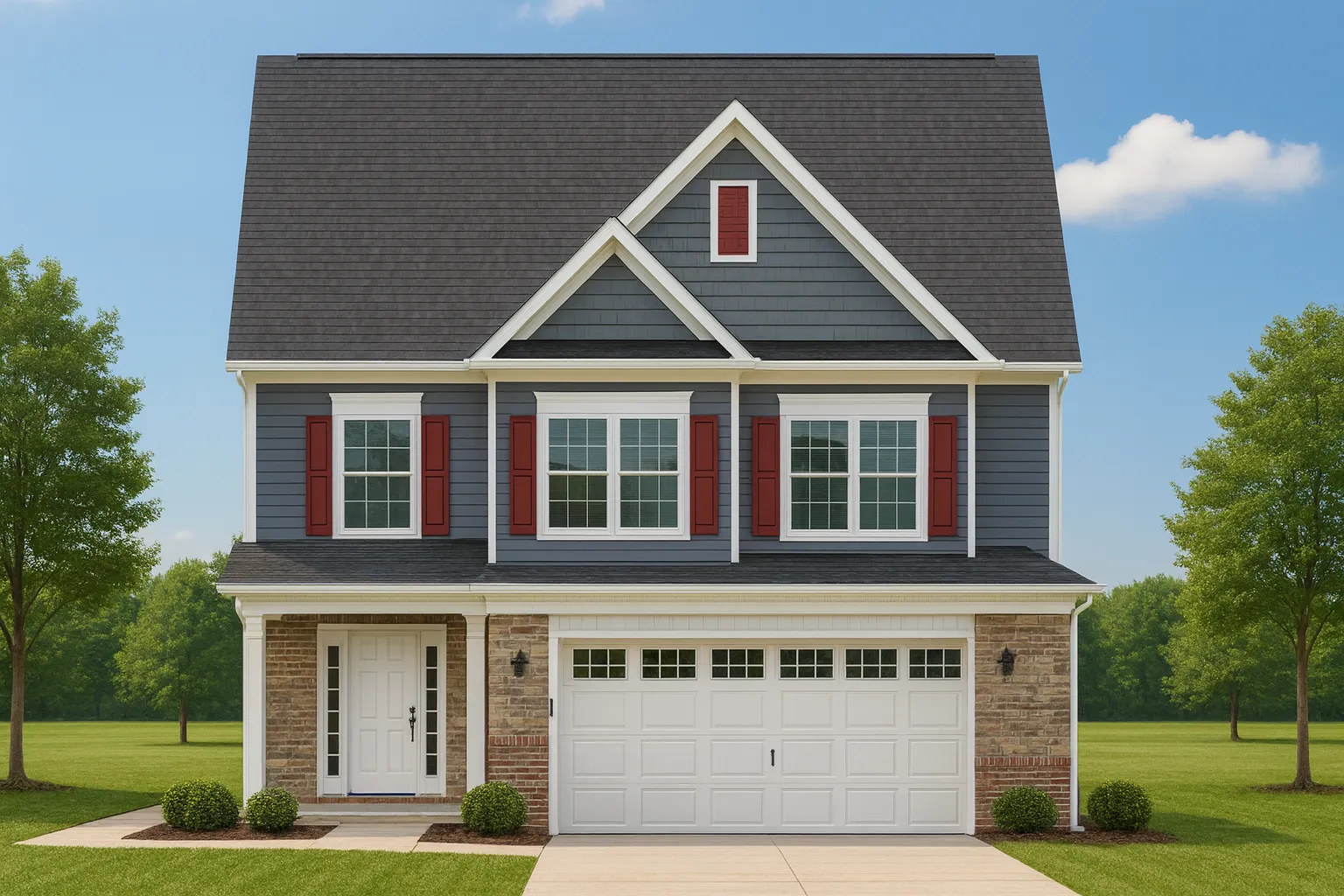 Front elevation of a Traditional Colonial style two-story home with horizontal siding, stone accents, and dark shutters