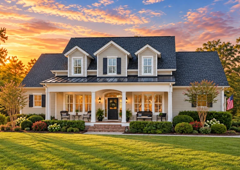 Front elevation of a Southern Colonial style home with white lap siding, black shutters, dormer windows, and a full-width covered porch