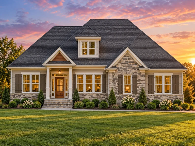 Contemporary House Plans 4 Front elevation of modern farmhouse home with stone veneer, board and batten siding, dormer windows, and covered porch