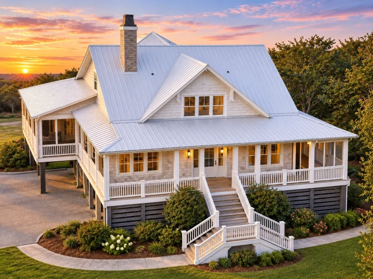 Front elevation of a Cape Cod style home with coastal traditional influences, horizontal siding, shingle gable accents, and a welcoming covered front porch