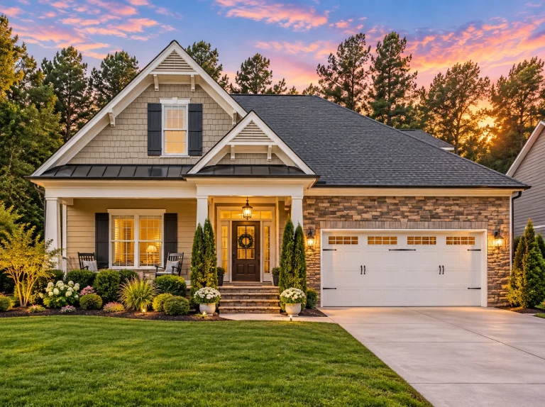Front elevation of Craftsman style home with brick veneer, lap siding, shake gable accents, covered porch, and two-car garage