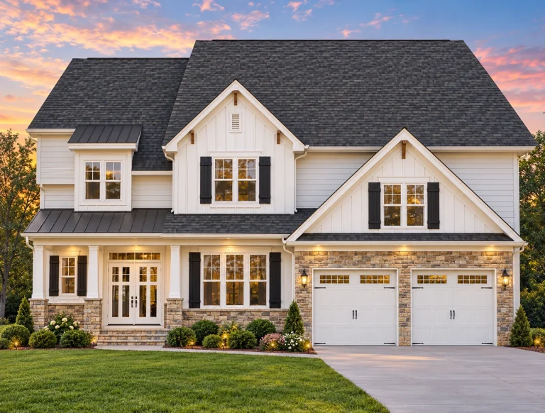 Front elevation of a Modern Farmhouse style home with board and batten siding, brick accents, gabled rooflines, and a two-car garage