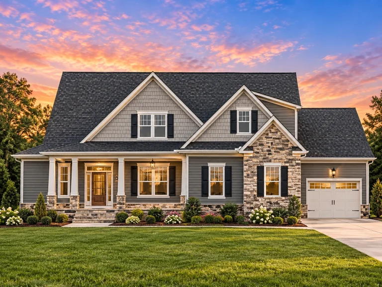 Front exterior view of a New American Traditional Suburban house with lap siding, stone accents, gabled rooflines, and attached garage