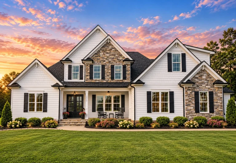 Contemporary House Plans 2 Front elevation of a New American style home with horizontal siding, stone veneer accents, black shutters, and a welcoming covered porch