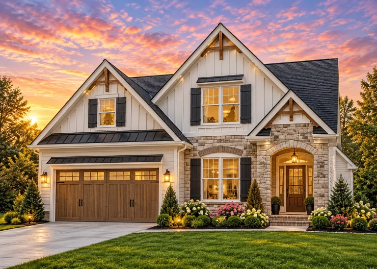 Front elevation of a New American style two-story house with board and batten siding, brick accents, black garage doors, and a welcoming covered entry