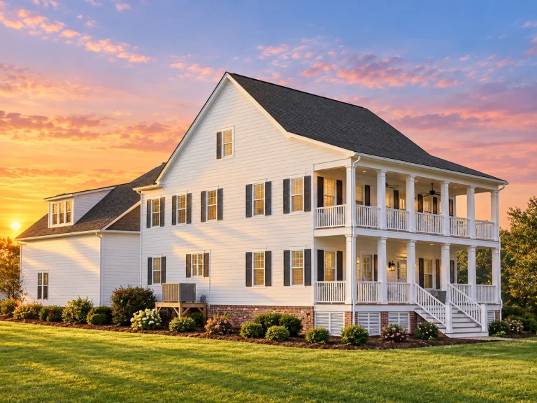 Front elevation of Low Country Charleston style home with double stacked porches, lap siding, brick pier foundation, and symmetrical Southern architecture