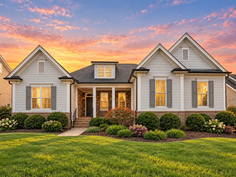 Front elevation of Traditional Suburban Cape Cod style house with horizontal lap siding, gabled rooflines, dormers, and covered front porch