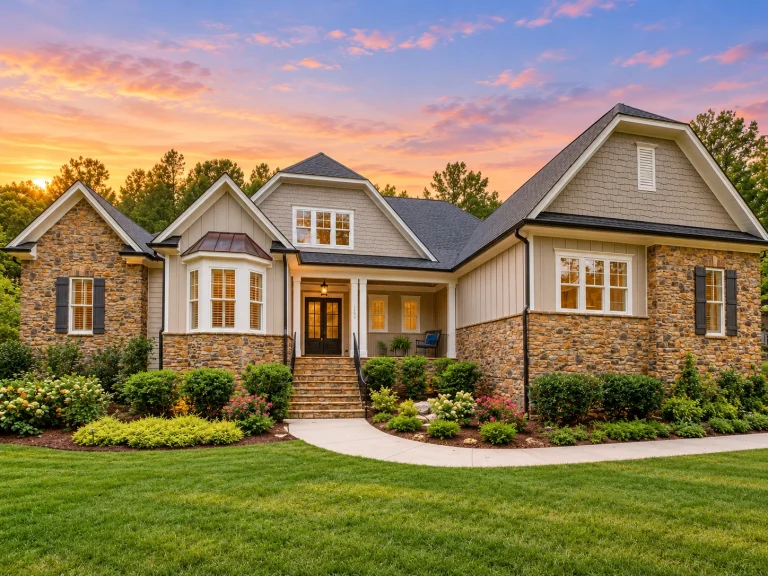 Front elevation of a Traditional Suburban home with brick exterior, horizontal siding, gabled rooflines, and landscaped entry