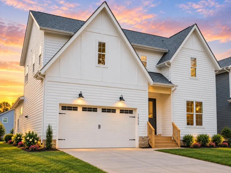 Front elevation of a Modern Farmhouse home with white board and batten siding, gable rooflines, black windows, and a two-car front-entry garage