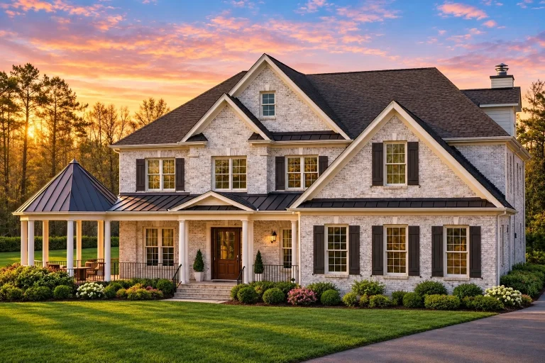 Front elevation of a Traditional Colonial home with horizontal lap siding, shingle-accented gables, symmetrical windows, and a wide covered front porch