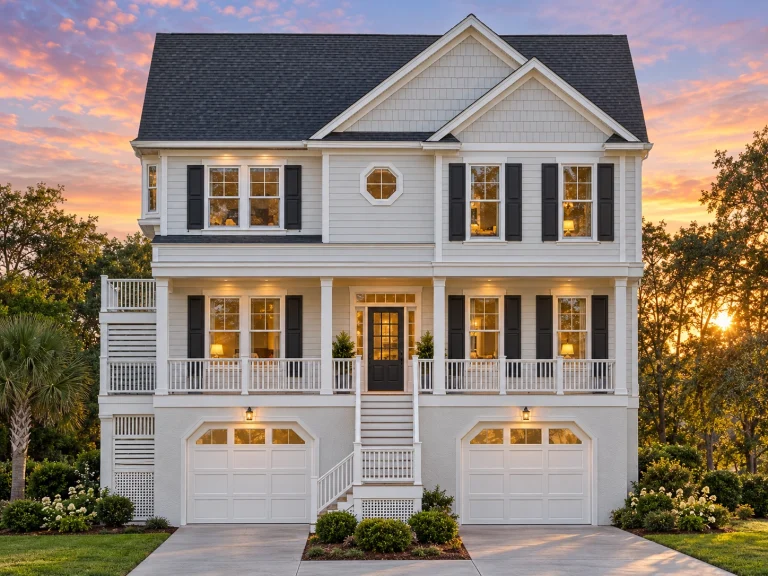 Front elevation of a New American Traditional Colonial style home with horizontal siding, shutters, and dual garage
