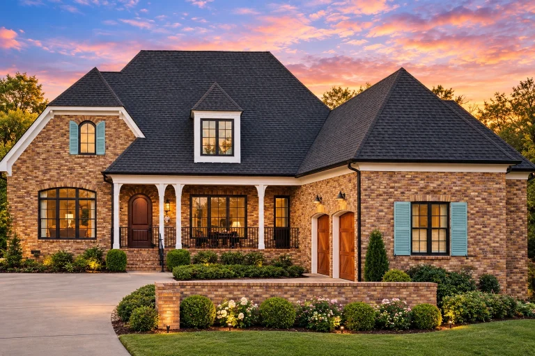 Front elevation of a French Country style home with stucco exterior, steep hipped roof, symmetrical windows, and warm European architectural details