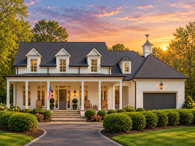 Contemporary House Plans 22 Front elevation of a Southern Colonial style home with painted brick exterior, symmetrical façade, dormer windows, and wide covered front porch