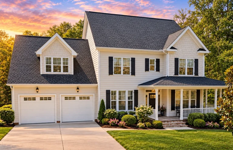 Front elevation of Traditional Colonial style home with lap siding, stone veneer accents, shutters, and covered front porch