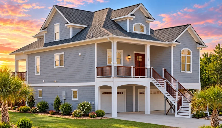 Front view of an elevated coastal beach house with gray lap siding, white trim, and dual garage doors beneath a raised porch entry