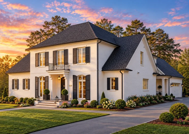 Front elevation of a Georgian Colonial style home with brick exterior, symmetrical windows, shutters, and classical entry