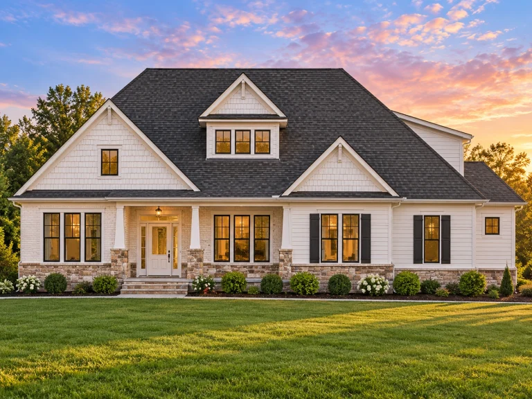 Front view of a Traditional Craftsman Ranch style home featuring stone accents, horizontal lap siding, and shake gables with a welcoming covered porch entry