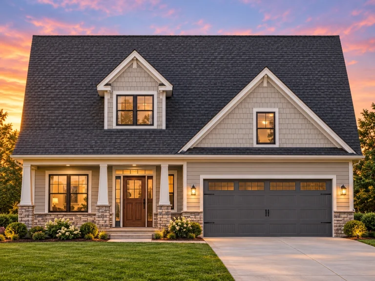 Front elevation of a Cape Cod style home featuring shingle siding, horizontal lap siding, stone accents, and an attached two-car garage