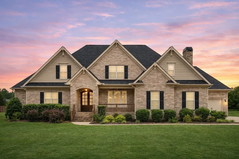 Front elevation of a Traditional New American style brick home with symmetrical windows, gabled rooflines, and attached garage