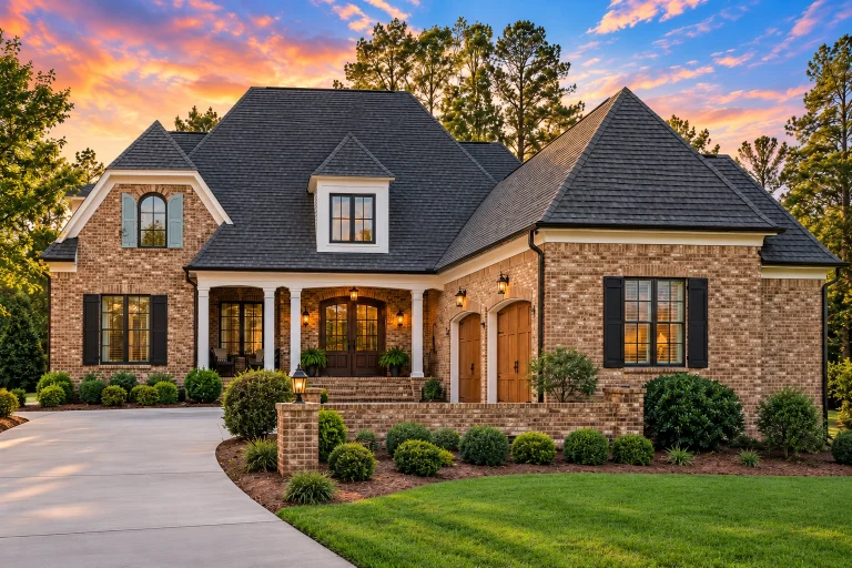Cottage House Plans 18 Front elevation of a French Country style home with stucco exterior, steep hipped roof, symmetrical windows, and warm European architectural details