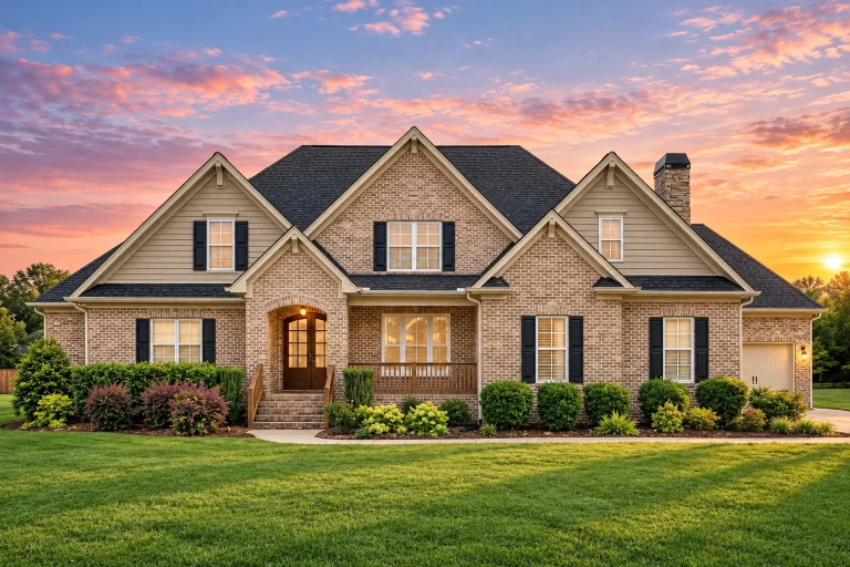 Front elevation of a Traditional New American style brick home with symmetrical windows, gabled rooflines, and attached garage