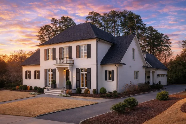 French Country Farmhouse Plans 2 Front elevation of a Georgian Colonial style home with brick exterior, symmetrical windows, shutters, and classical entry