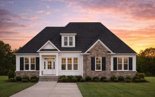 Front elevation of modern farmhouse home with stone veneer, board and batten siding, dormer windows, and covered porch