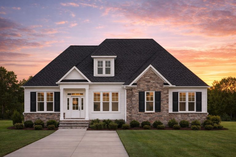 Front elevation of modern farmhouse home with stone veneer, board and batten siding, dormer windows, and covered porch