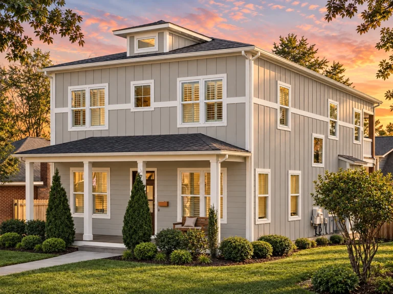 Mountain Contemporary House Plans 21 Front elevation of an American Foursquare style home featuring lap siding, board and batten accents, symmetrical windows, and a covered front porch