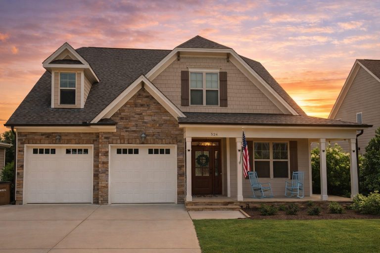 Front elevation of a Craftsman style home with stone veneer, lap siding, shake gables, covered porch, and two-car garage at sunset