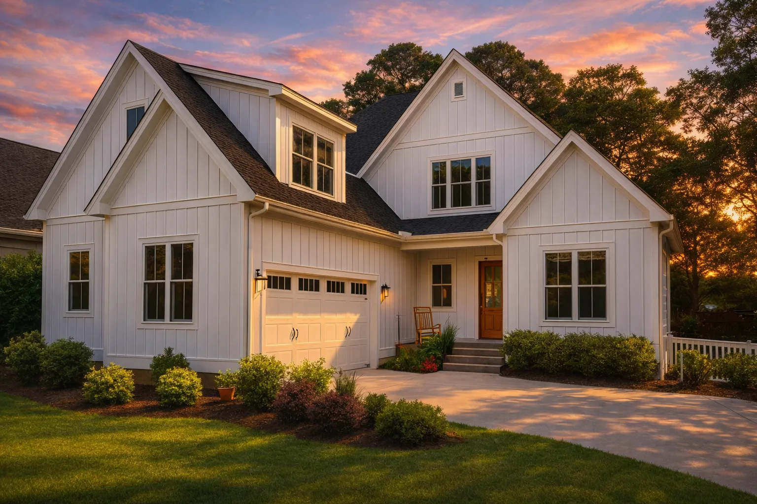 Front exterior view of a New American coastal farmhouse style home with blue board and batten siding, white trim, front porch, and attached garage