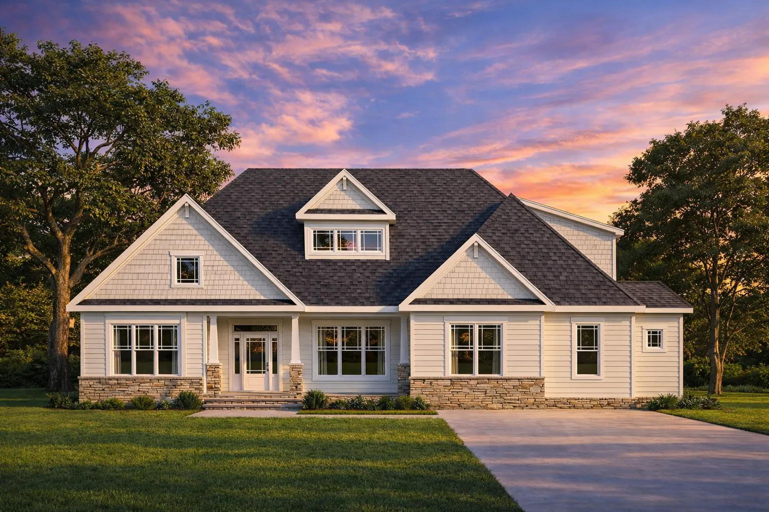 Front view of a Traditional Craftsman Ranch style home featuring stone accents, horizontal lap siding, and shake gables with a welcoming covered porch entry