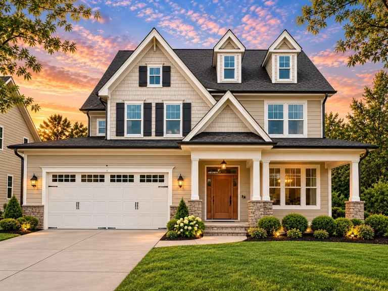Front elevation of Neo-Colonial style home with brick first floor, lap siding upper level, covered porch, and two-car garage