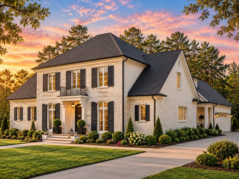 House Plans with Spacious Laundry Room 10 Front elevation of a Georgian Colonial style home with brick exterior, symmetrical windows, shutters, and classical entry