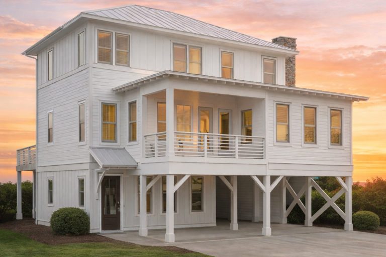 House Plans 6 Front view of a Coastal Beach style home featuring horizontal siding, elevated structure with covered carport, and a front balcony framed by elegant arches and trim details