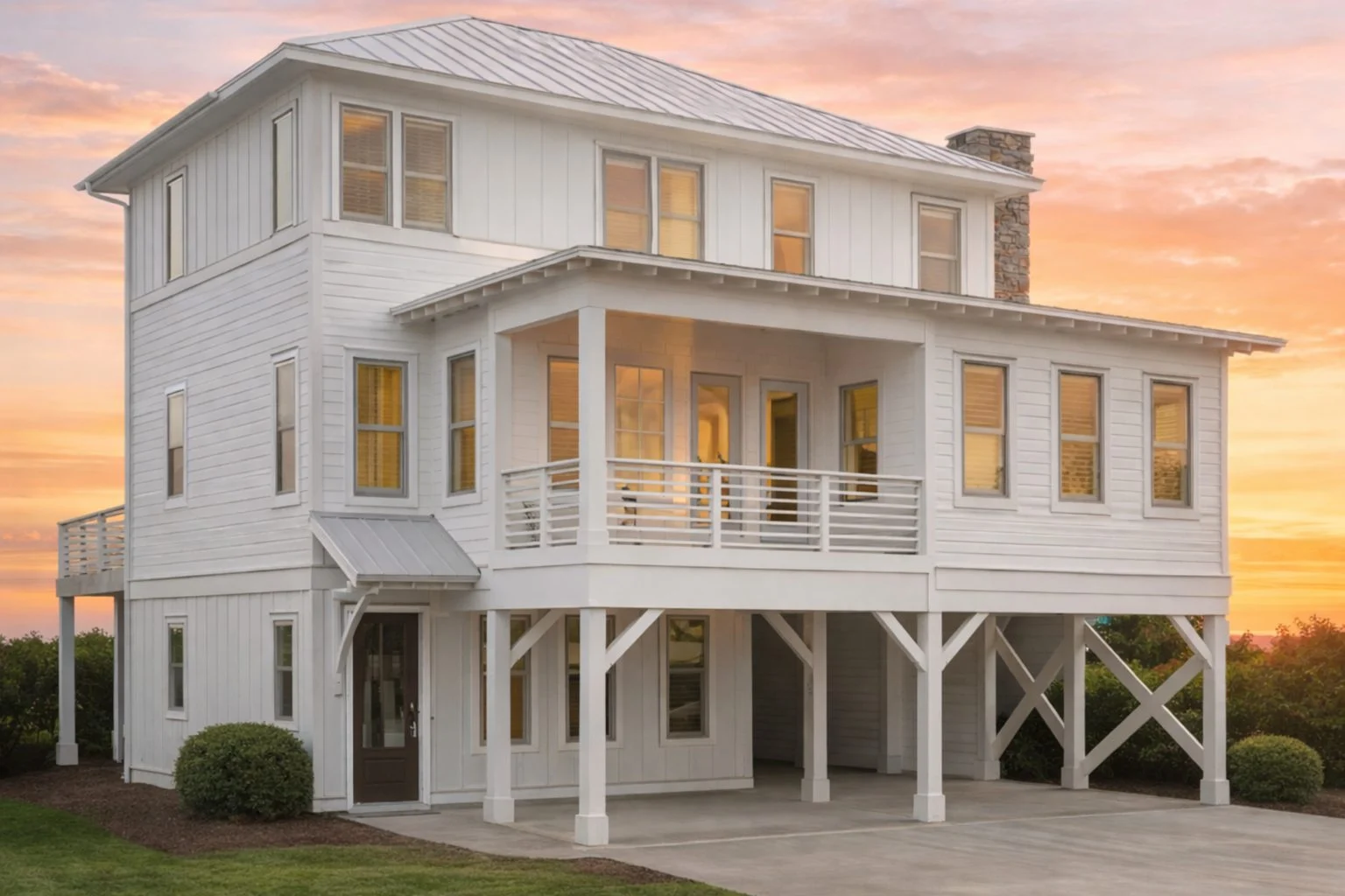 Front view of a Coastal Beach style home featuring horizontal siding, elevated structure with covered carport, and a front balcony framed by elegant arches and trim details