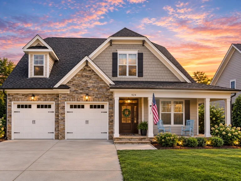 Front elevation of a Craftsman style home with stone veneer, lap siding, shake gables, covered porch, and two-car garage at sunset