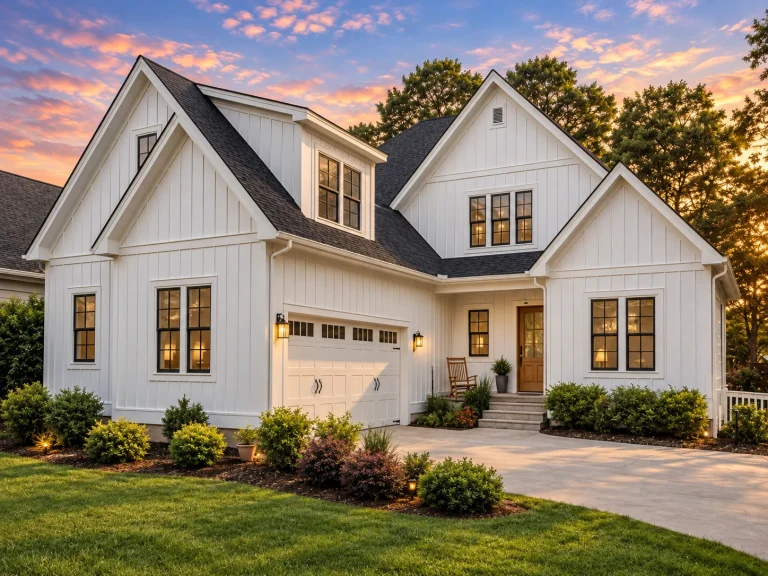 Front exterior view of a New American coastal farmhouse style home with blue board and batten siding, white trim, front porch, and attached garage